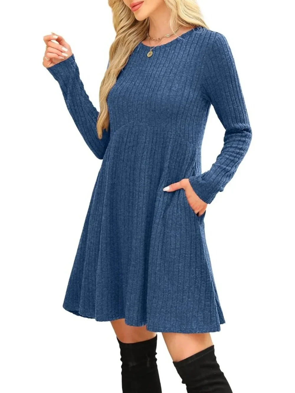 Women's Blue Long Sleeve Comfort Crew Neck Empire Waist Tunic Mini Dress - Picture 4 of 5